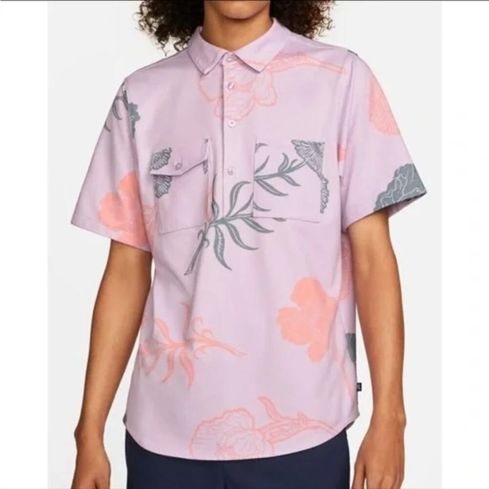 NIKE SB Men's Pink Aop Floral Printed Knit Skate Polo Shirt Size Medium